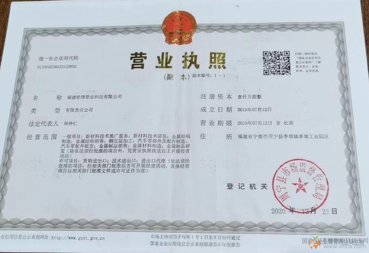福建鉅煒管業科技有限公司營業執照