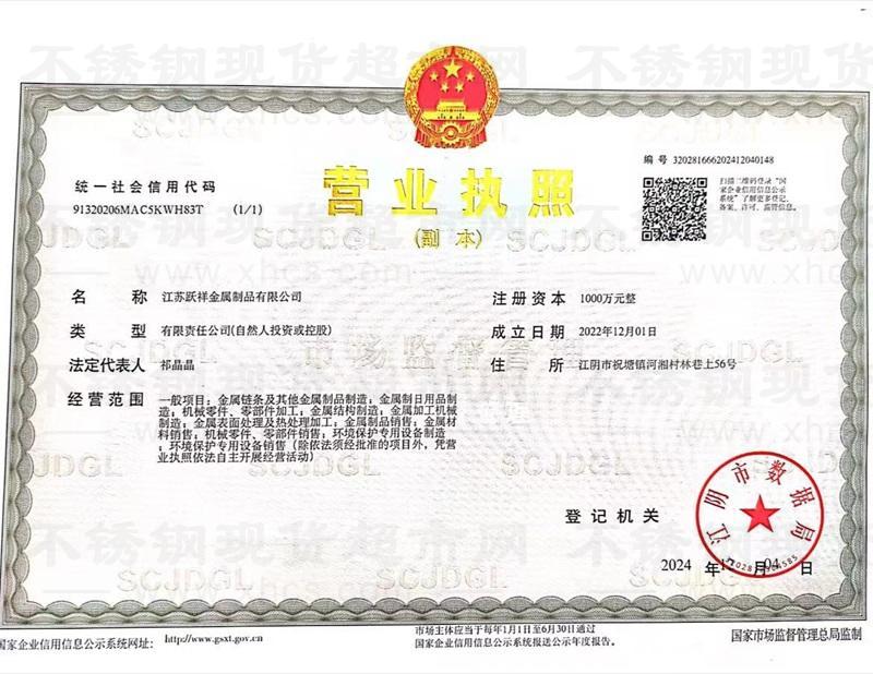 江蘇躍祥金屬制品有限公司營業執照